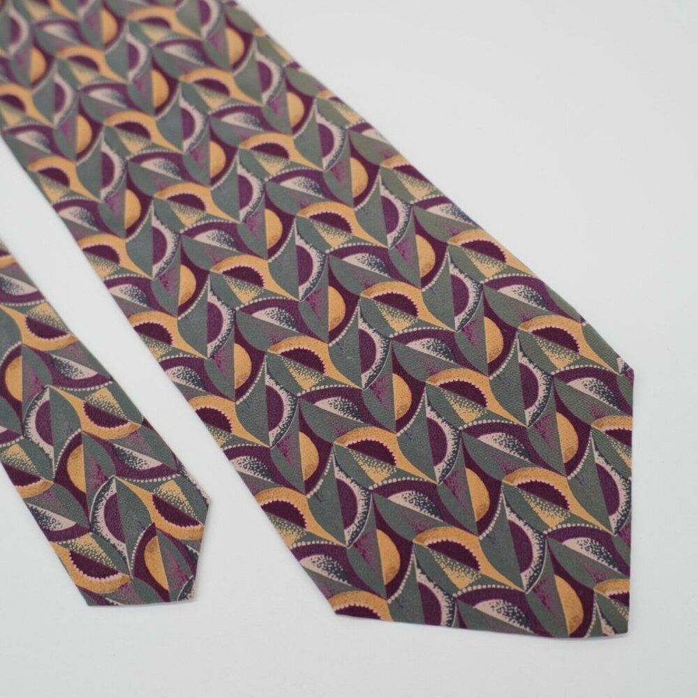 J. Riggins Hunting Horn Purple Green Abstract Print Short Wide Silk Tie